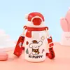 Caneca Térmica Cachorro Branco Desenho Animado Saltitante Cor Macaron Fofa Copo de Água para Estudante Portátil com Alça Transversal Copo com Canudo Infantil