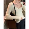 [En Stock] Camiseta de Punto con Cuello Halter Vc para Mujer Otoño e Invierno Nuevo Suéter Sexy Delgado Texturizado