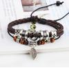 Pulsera Vintage Europea y Americana de Venta Caliente Transfronteriza Cuentas de Madera Piedra Bilis Negra Hojas Joyería con Cuentas Hojas Tejida Pulsera de Cuero PU