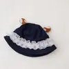 Sombrero de pescador de mezclilla con borde de encaje y orejas de ciervo estilo coreano, lindo para niñas, sombrero de pescador para niños