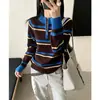 Suéter de Punto Rayado Multicolor Retro Americano con Media Cremallera para Mujer Primavera Otoño Holgado para Vestir Capa Superior de Punto con Estilo Perezoso