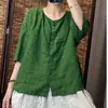 # 501 camisa feminina de algodão e linho, gola redonda, cor sólida, casual, versátil, corte solto, modeladora, novo estilo, respirável, camisa de manga média