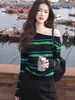 Top de punto a rayas retro de un hombro dulce y picante estilo coreano para mujer, prenda interior de otoño/invierno, top ajustado de manga larga sin hombros