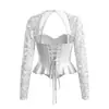 Comércio exterior estilo europeu e americano top de renda com cadarço, top sexy hot girl sem alças de osso de peixe customizado transparente de manga longa para mulheres