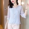 Camisa de gasa de color liso para mujer, manga tres cuartos, verano y otoño 2022, nueva blusa holgada con efecto adelgazante que cubre el vientre, camisa pequeña de moda