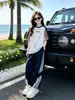 Conjunto de Camiseta de Manga Corta con Bloques de Color para Niña de Verano, Atuendo para Estudiante de Secundaria, Conjunto de Dos Piezas de Verano con Pantalones Anchos Deportivos Rayados