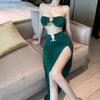 Vestido verde oscuro de sirena de aguas profundas traje de pecho envuelto cintura abierta abertura alta sexy club nocturno bar vestido irregular 1348