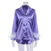 Pijama de Estilo Europeo y Americano Otoño/Invierno 2026, Seda Helada Manga Larga Diseño de Plumas Ropa de Dormir para Mujer Estilo Francés Conjunto de Shorts de Satén