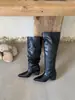 Botas Altas de Tacón Grueso Plisadas Estilo Retro Punta Fina Botas de Montar Botas de Moda que Aumentan la Altura