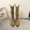 Abertura Grande para Panturrilha Corte em V Botas de Montaria Longas Femininas 2026 Outono/Inverno Novas Salto Grosso Bico Fino Recorte Chelsea Western Cowboy Botas Plissadas