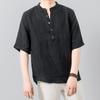 Camisa de lino arrugado de media manga para hombre, cuello holgado, transpirable, informal, de verano, de algodón y lino