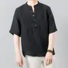 Camisa de lino arrugado de media manga para hombre, cuello holgado, transpirable, informal, de verano, de algodón y lino