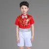 Nova Roupa de Performance Infantil Saia Tutu Princesa com Lantejoulas Primavera e Outono Manga Curta Roupa de Palco Coral para Meninos e Meninas