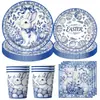 Platos de papel de Pascua de porcelana azul y blanca, vasos de papel, servilletas de papel, vajilla desechable, pancartas, manteles, accesorios de decoración para fiestas navideñas