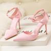 6289-6 Sapatos femininos de salto alto fino estilo europeu e americano, boca rasa, cetim, bico fino, sandálias sexy para boate, com alça cruzada, emagrecedores