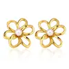 Pendientes de botón de flor de perla hueca estilo europeo y americano transfronterizos, flor de cinco pétalos tridimensional simple francesa, pendientes versátiles de nicho de lujo ligero