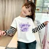 Nova Blusa de Manga Comprida Primavera/Outono para Meninas, Camisa Base Listrada com Estampa de Desenho Patchwork, Camiseta Estilosa de Algodão Puro para Bebê