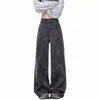 Calça Jeans Wide Leg Estilo Americano com Estampa Preta e Cinza para Mulheres, Novo Design de Nicho Outono/Inverno 2026 Calças Retas de Comprimento Total para Trabalho