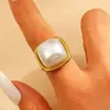 Anillo de Acero Inoxidable Abierto Ajustable con Perla, Venta Caliente Transfronteriza, Anillo Ovalado Barroco de Moda con Presión de Aceite 18K