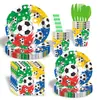 Tema de Fútbol Mundial Platos de Papel Desechables Vasos de Papel Caja de Palomitas Set Banderín Mantel Decoración Camino