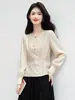 Camisa de Manga Larga Estilo Francés para Mujer, Nuevo Modelo de Otoño con Adornos Metálicos, Top de Retazos de Corte Recto en Color Albaricoque