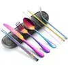 Amazon transfronterizo acero inoxidable portátil al aire libre vajilla acero inoxidable popote cuchillo, tenedor, cuchara palillos juego con boca de silicona