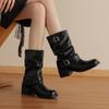 Botas Holgadas de Cuero con Hebilla Artísticas y Elegantes 2025 Tacón Medio Grueso Punta Redonda Piel de Vaca Sueltas sin Cierre Botines para Mujer