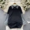 Suéter falso de duas peças de alta qualidade estilo europeu e americano retrô feminino outono e inverno solto costura de jeans design de rua nicho top