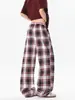 Pantalones casuales a cuadros rojos estilo retro americano para hombre, marca de moda, fluidos, ligeramente acampanados, pantalones hasta el suelo, pantalones a cuadros de pierna recta para personas altas