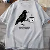 Camiseta Retro de Cuervo para Café Camiseta de Halloween Camiseta de Otoño para Mujer Hombre Top de Algodón Camiseta Creativa de Cuello Redondo