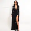Vestido largo brillante estilo europeo y americano, escote en V pronunciado, manga larga, entallado en la cintura, plisado, abertura alta, vestido de noche brillante