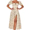 2026 Amazon Sitio Independiente Ropa Europea y Americana para Mujer Nuevo Floral Cuello Cuadrado Sexy Abertura Dobladillo Amplio Vestido de Primavera para Mujer