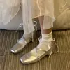 Sapatos de couro balé prateados, sapatos Mary Jane franceses, sapatos de salto baixo com bico quadrado para mulheres, sapatos de noite para primavera e outono