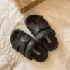 Pantuflas Birkenstock con hebilla estilo británico para mujer, pantuflas de lana de cordero que aumentan la altura para otoño e invierno, pantuflas peludas de moda