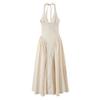 7602-25 Nuevo Estilo de Verano Estilo Europeo y Americano Albaricoque Elegante Correa en la Cintura Cuello Halter Cuello en V Vestido de Longitud Media