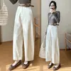 Pantalones Casuales de Algodón Tencel para Otoño, de Cintura Alta, Diseño Adelgazante, Cintura Alta Suelta, Pierna Ancha Recta, Nueve Puntos, para Mujer
