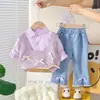 Conjunto de outfit de otoño para niñas, conjunto de tres piezas de suéter de punto con lazo de otoño para niños, ropa de primavera y otoño para niñas, adecuado para bebés de 1 a 3 años, estilo moderno
