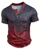 Camiseta retro de botão com meia-malha transpassada transfronteiriça, top pullover Henley casual de manga curta com estampa 3D slim fit para homens
