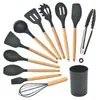 Colher de Cozinhar e Espátula Conjunto de Utensílios de Cozinha Silicone Cabo de Madeira Utensílios de Cozinha Conjunto de 12 Peças Espátula Antiaderente Conjunto de 11 Peças Conjunto para Assar