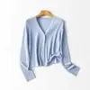 Cárdigan de punto ligero con protección solar de seda helada, manga larga, prenda exterior de principios de otoño, camisa corta para aire acondicionado, top tipo caftán de encaje con cuello en V para mujer