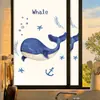 Película adhesiva electrostática de vidrio esmerilado de ballena azul de dibujos animados, no transparente, bloqueadora de luz, a prueba de sol, protección de privacidad para dormitorio