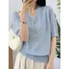 Nueva Colección Primavera Verano 2026, Camiseta de Manga Corta para Mujer, Suéter Ligero de Encaje con Cuello en V, Transpirable, Amigable con la Piel, Tejido de Seda Helada
