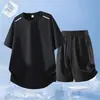 Conjunto de Dos Piezas de Secado Rápido para Hombre de Verano, Tejido de Seda Helada de Malla, Corte Holgado, para Correr al Aire Libre, Fitness, Conjunto Casual