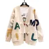 Suéter Chaqueta de Punto con Botones de Cuerno Gruesos Estilo Coreano Letras para Mujer Otoño e Invierno Nuevo Talla Grande Holgado Estilo Perezoso