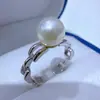 Anillo Ajustable de Plata de Ley S925 con Cadena Lisa Hueca y Perla de Mar para Mujer, Joyería de Anillo Sencilla y Elegante
