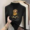 Camiseta base de forro polar con estampado de dibujos animados para niños, camiseta de cuello semi-alto de otoño e invierno para niñas, camiseta de manga larga de otoño e invierno para bebé, ropa para niños