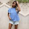 Amazon Comércio Exterior Transfronteiriço Roupas Femininas 2024 Verão Novo Europeu e Americano Floral Mangas Curtas Tops Camisas Francesas com Babados