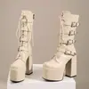 Botas Femininas de Cano Médio com Bico Quadrado para Outono e Inverno, Tamanhos 34-46, Plataforma Impermeável em Couro Envernizado, Salto Quadrado Europeu e Americano, Botas Martin de Tamanho Grande Transfronteiriças para Mulheres