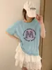 Ying+ Trece Líneas Graffiti Letra Redonda Copo de Nieve Camiseta de Algodón Cuello Redondo Adelgazante Versátil Manga Corta Verano M50-6160