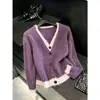 Chaqueta de punto tipo suéter morada de manga larga estilo francés, dos piezas falsas, para mujer con un aire casual